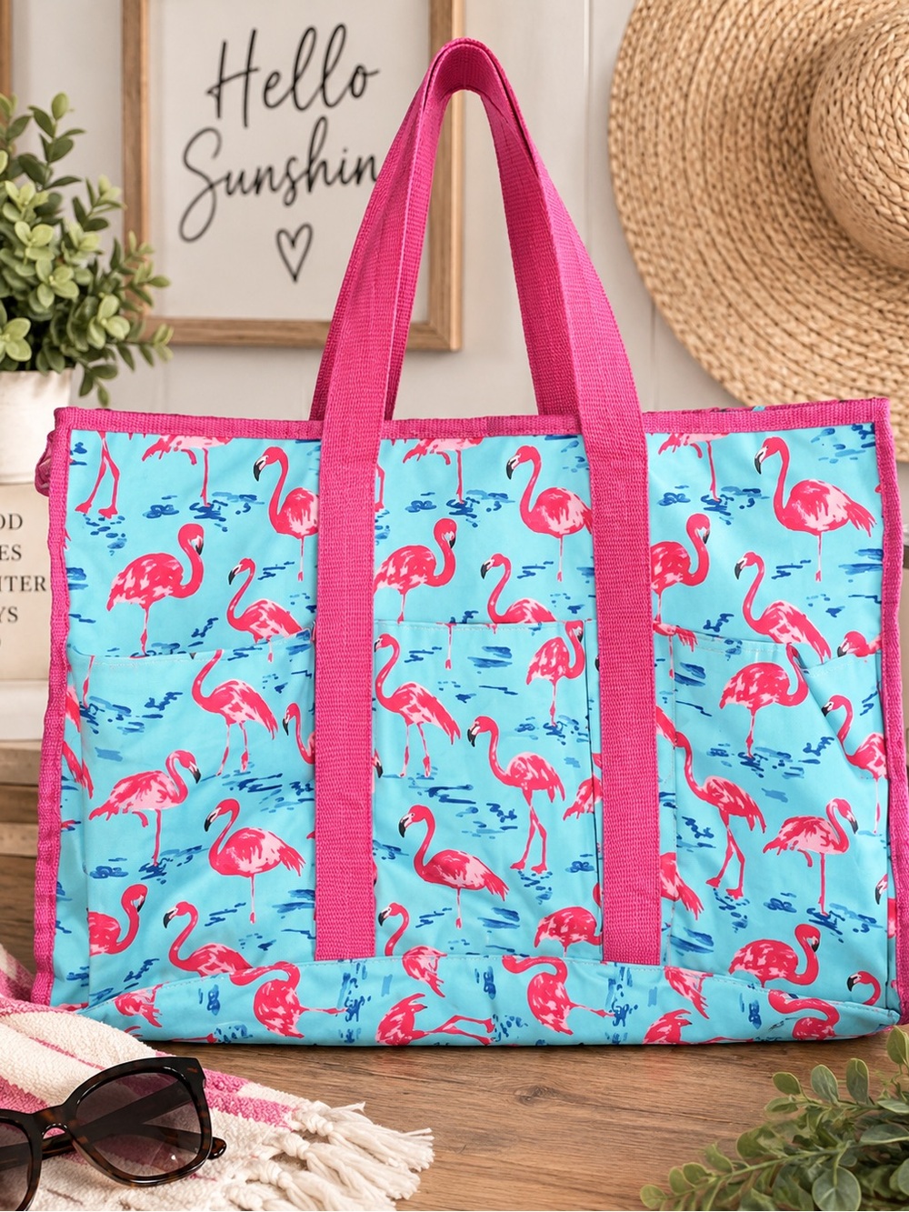 🦩 Flamingo Oversized Tote / Beach Bag – Pink & Aqua -21.5”x14”